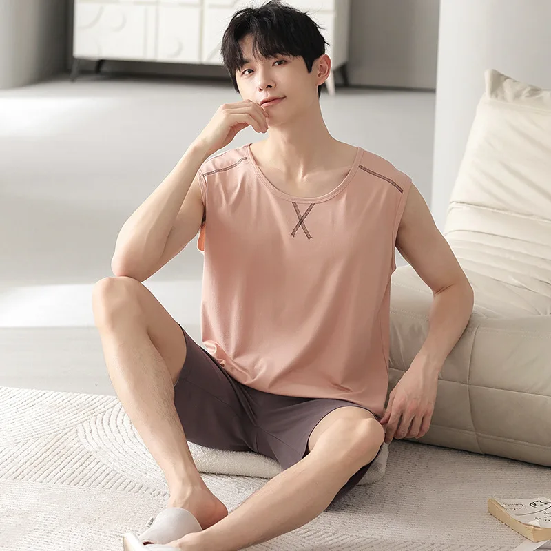 Pajamas Men's Summer Modal Cotton Sleeveless Tank Top Shorts Thin Home Clothes Set Solid Color Plus Size 4XL Sleepwear