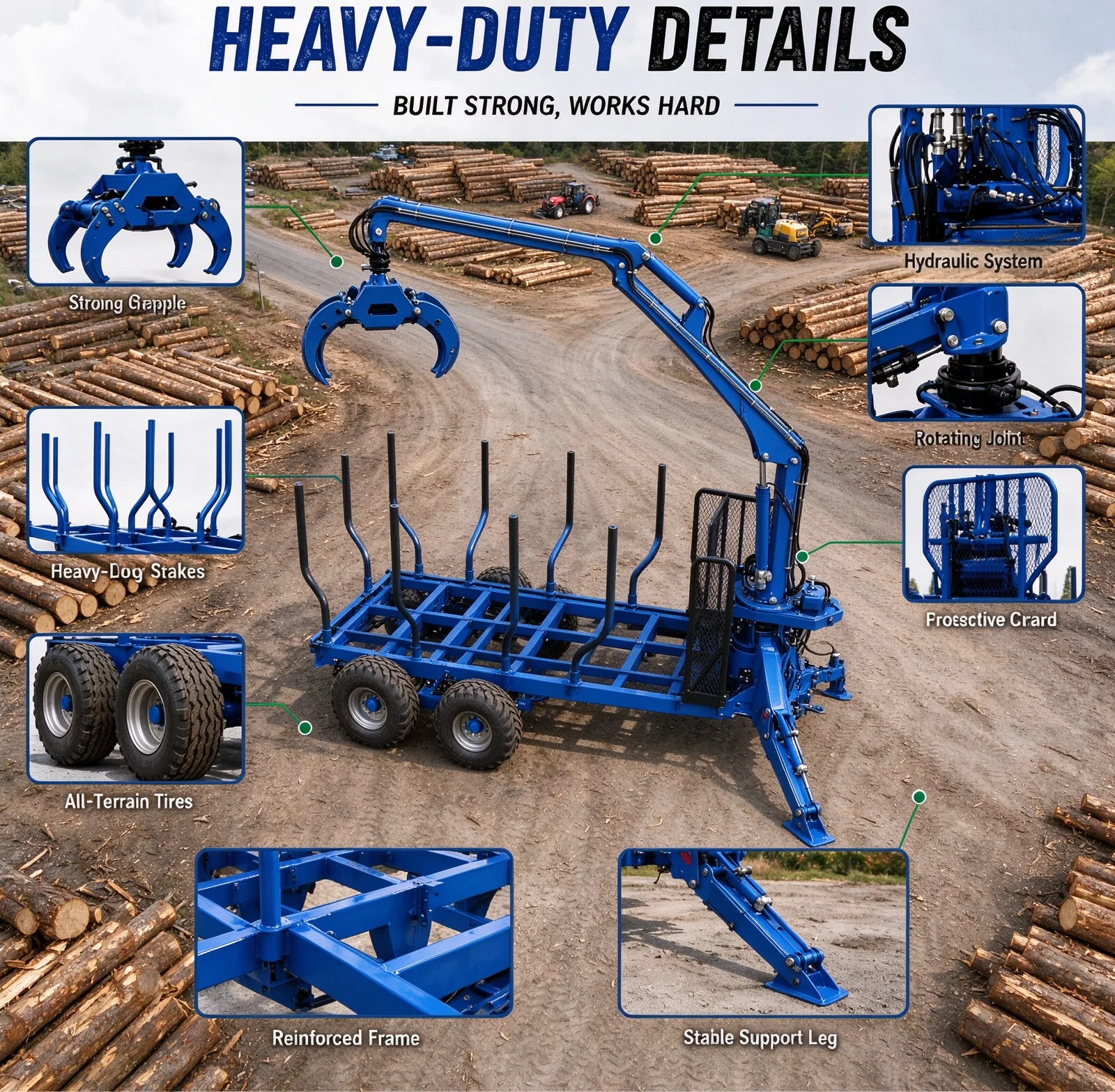 Self Loading Forest Log Trailer with Hydraulic Rotating Grapple, Heavy Duty Log Stakes & Stabilizer Legs for Farm