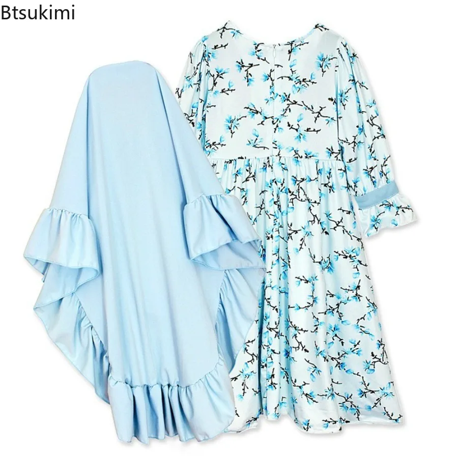 Eid Ramadan Muslim 2pcs Kids Abayas Headscarf Outfits Girls Print Long Sleeve Dress+Hijab Set Children Dubai Islamic Kaftan Gown