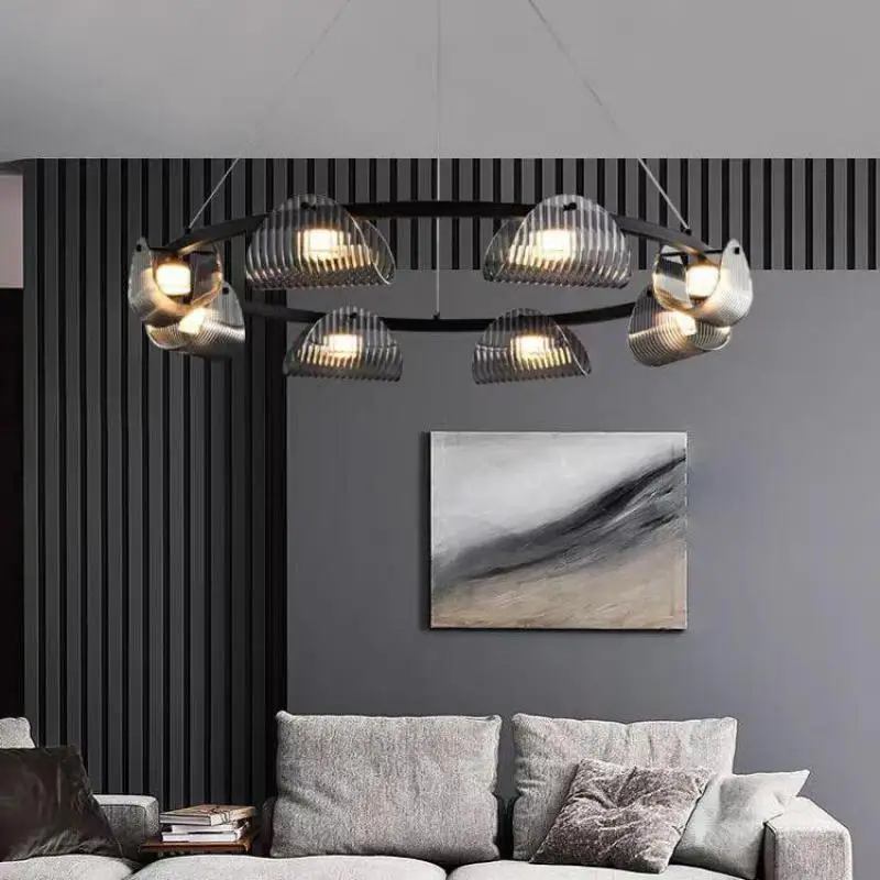 Postmodern Black Led Pendant Lights Luxury Living Room Smoky Gray Glass Chandelier Indoor Lighting Suspend Lamp Led Luminarias