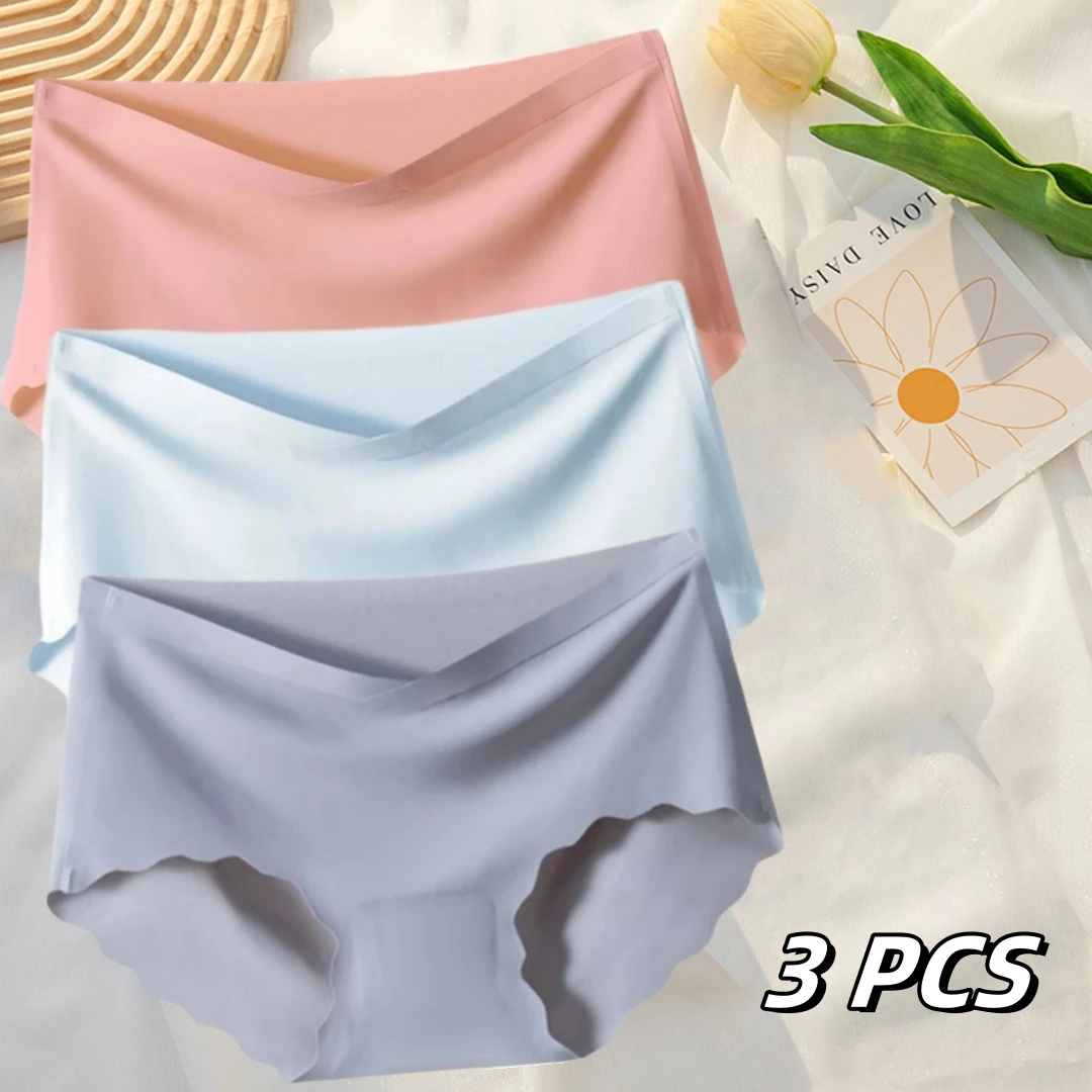 

Ice Silk Seamless Low Waist Cotton Crotch Briefs 3PCS New Adhesive High Elastic Mid-waist Panties Women's