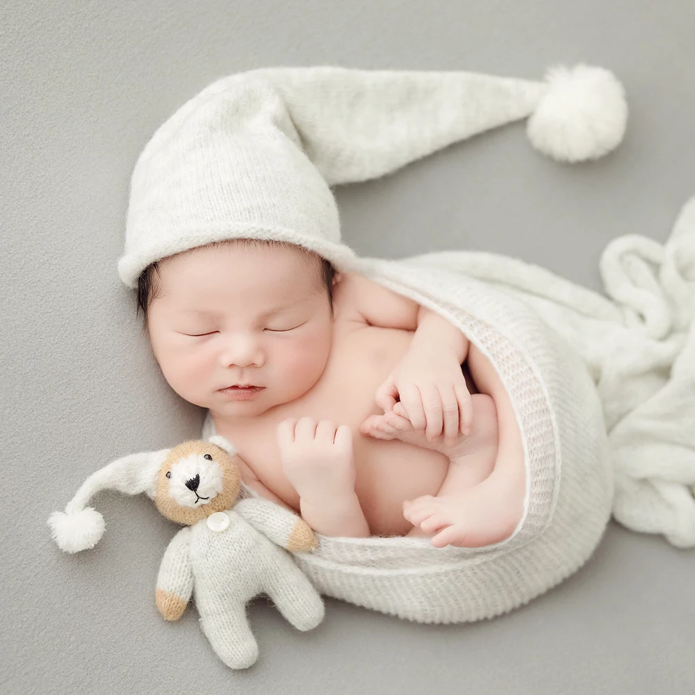 Sombrero de oso de punto para recién nacido, accesorios de fotografía de muñeca, sombrero con pompón, accesorios de disfraz de tiro para bebé,