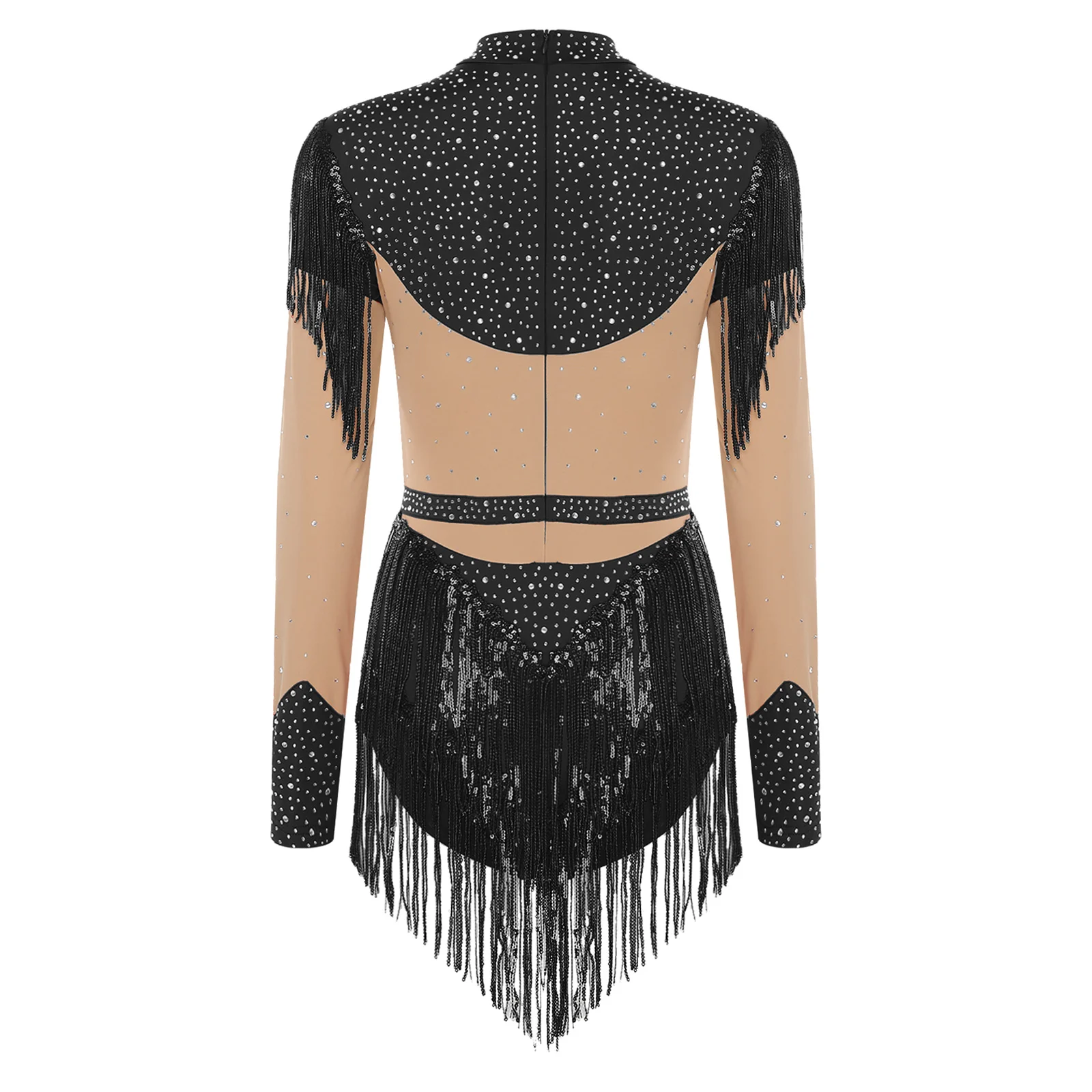 여성용 라틴 차차 댄스 바디수트 라인스톤 스팽글 태슬 긴 소매 대비 색상 레오타드 드레스 피겨 스케이팅 댄스웨어