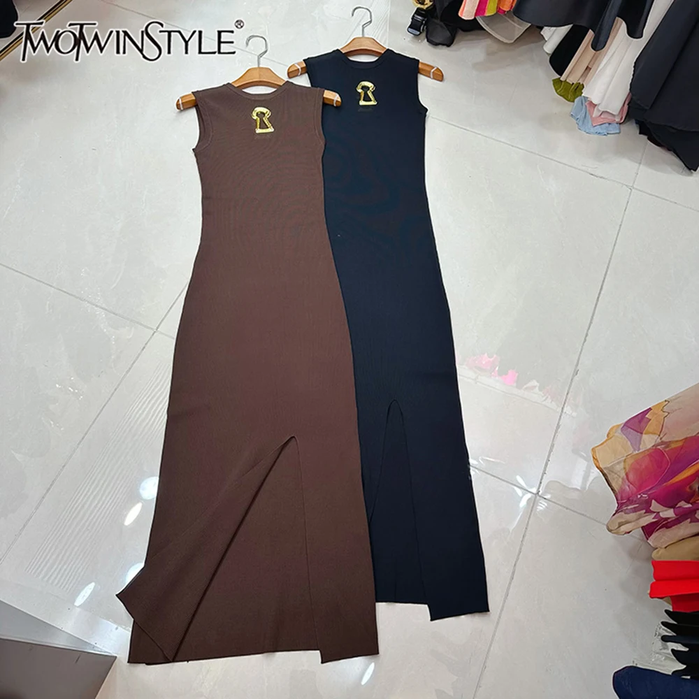 

TWOTWINSTYLE Sexy Slimming Solid Dresses For Women Round Neck Sleeveless High Waist Temperament Dress Female Fashion KDR543924