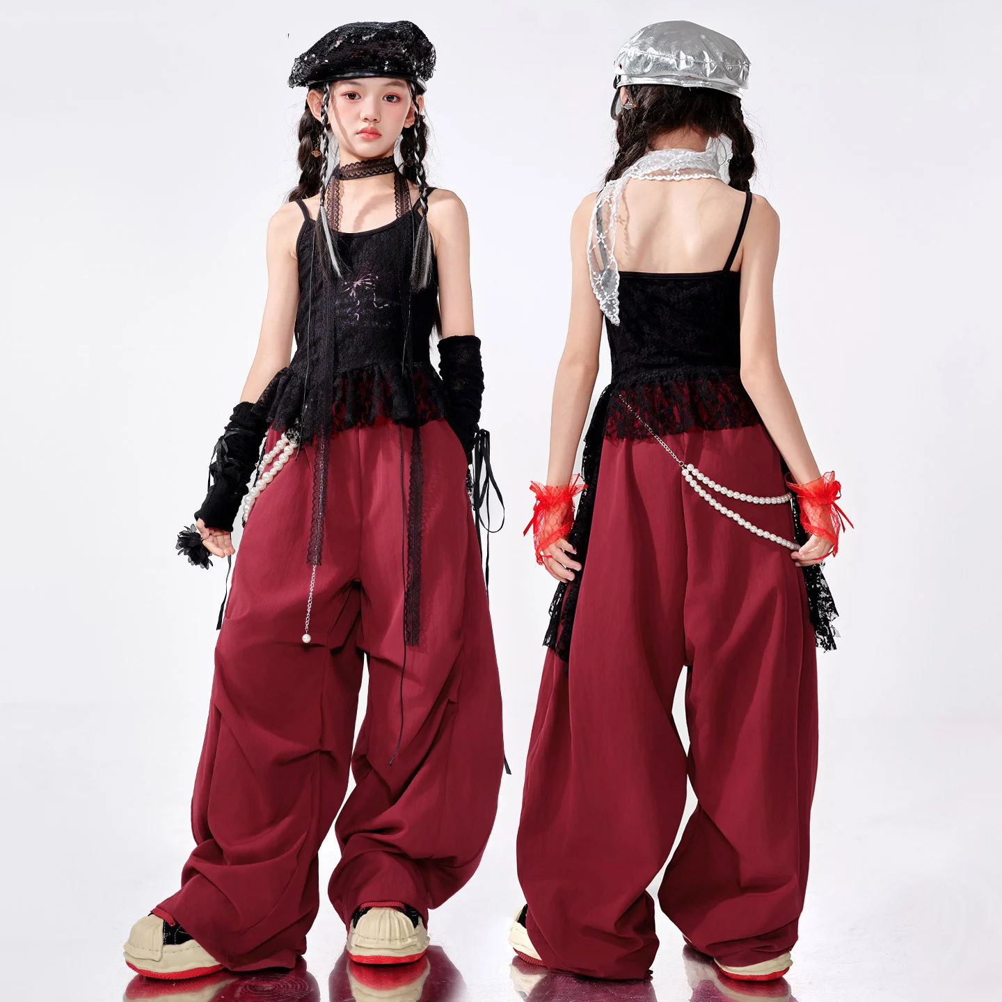 2025 Mädchen Hip Hop Dance Kleidung Schwarz Spitze Tops Kpop Rote Hosen Hip Hop Street Dance Performance Kostüm Bühne Outfits BL 16301