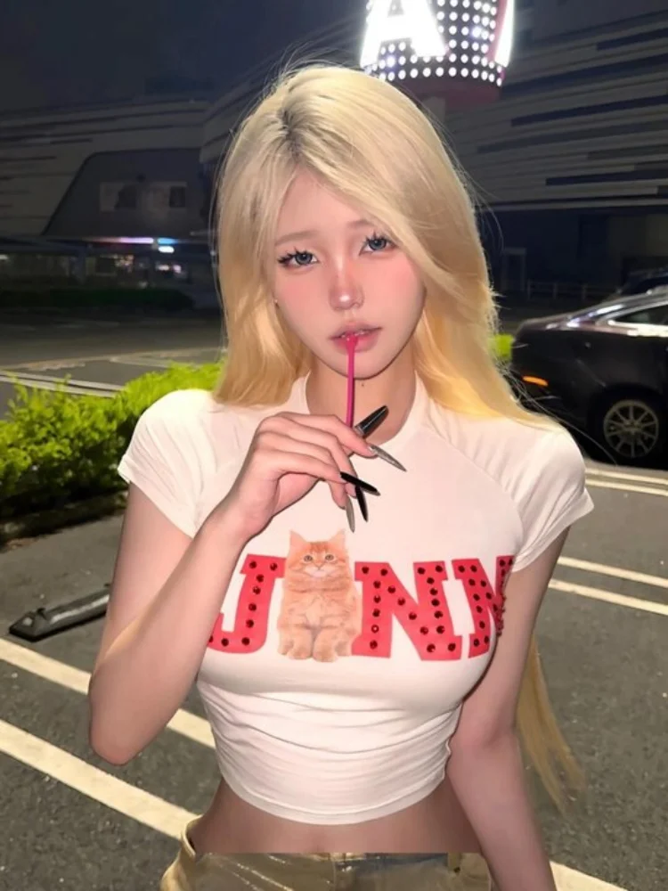 

Женская футболка с короткими рукавами и буквенным принтом в американском стиле ретро, летняя футболка Y2K Harajuku, тренд, облегающий короткий женский топ