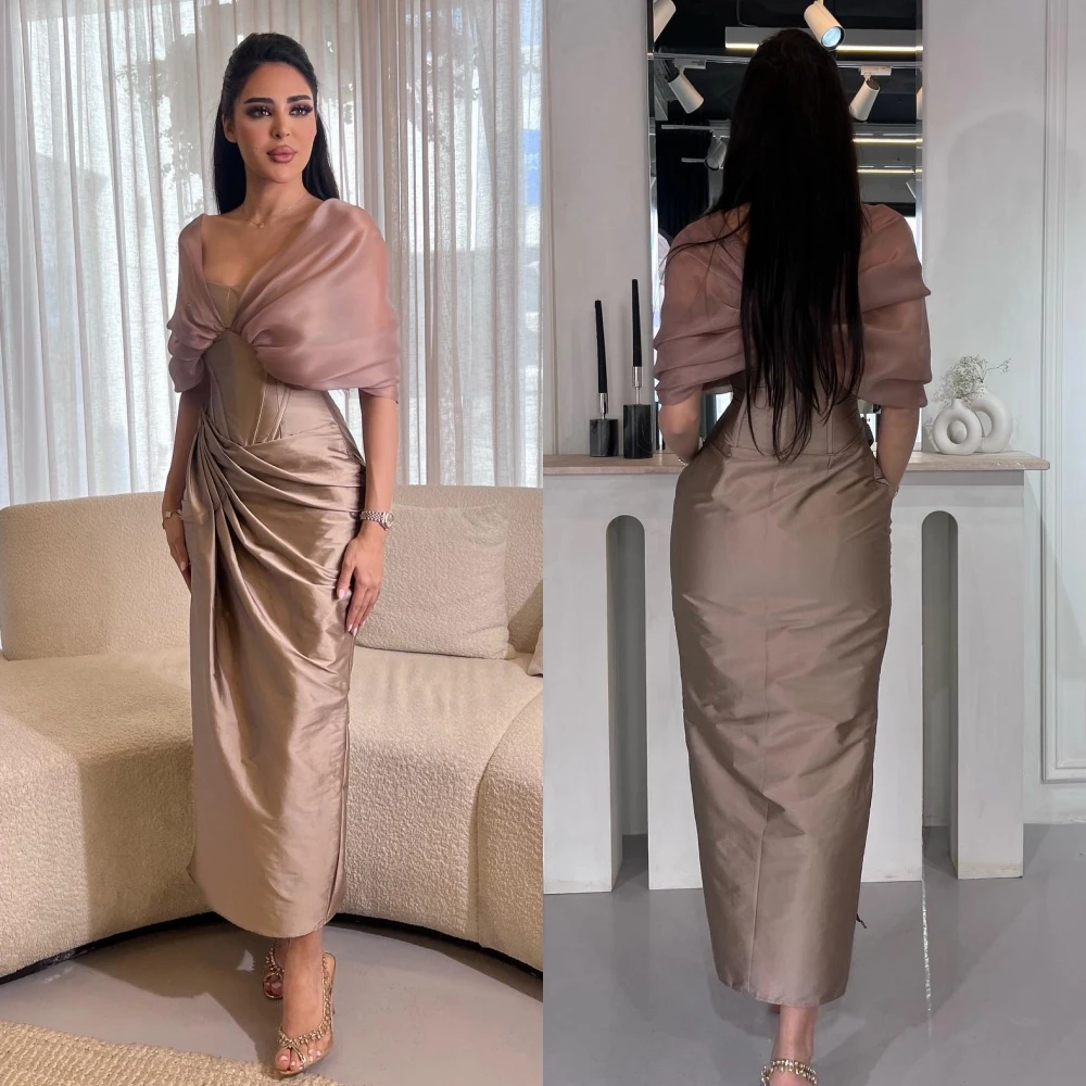 

Jiayigong Satin Pleat Ruched Party Sheath Off-the-shoulder Bespoke Occasion Gown Long Sleeve Dresses