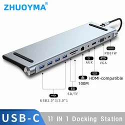 SALE Macbook Docking Station 11 In 1 Hub Adapter Type-C Om Vga USB3.0 4KHD 100WPD 100Mbps Rj45 audio Voor Matebook Laptop Splitt