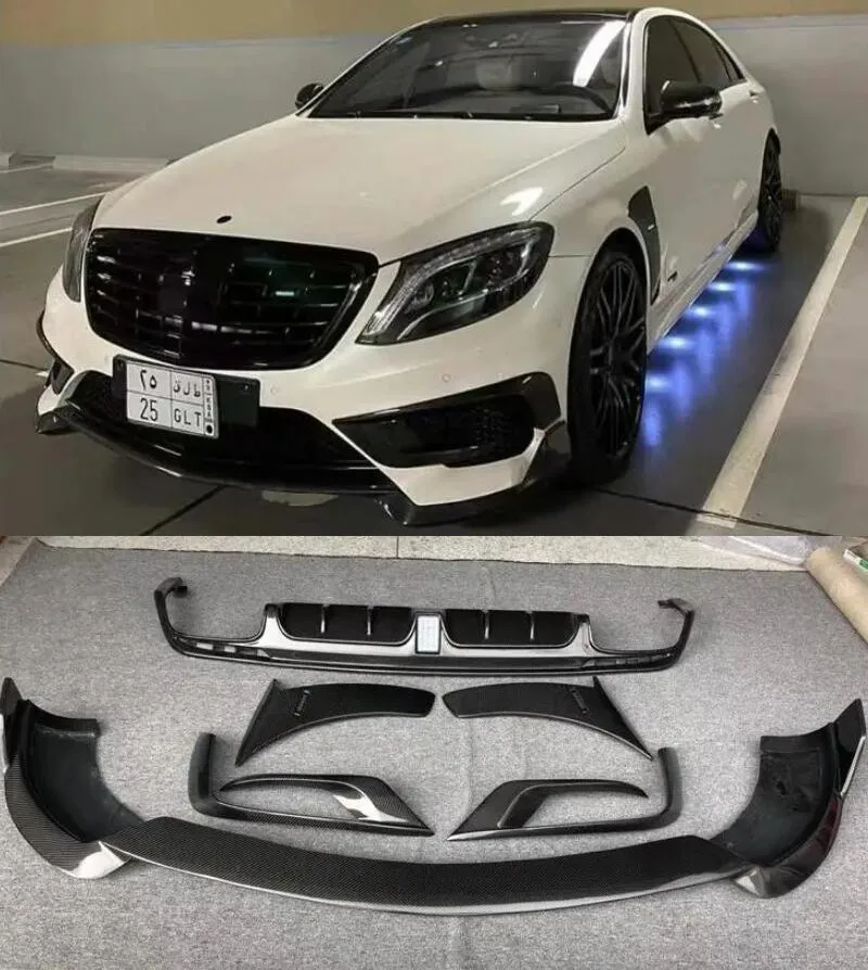 For Mercedes Benz W222 S63 S65 14-17 Real Carbon Fiber Front Lip Rear Spoiler Trunk Diffuser Exhaust Tips Fender Body Full Kit