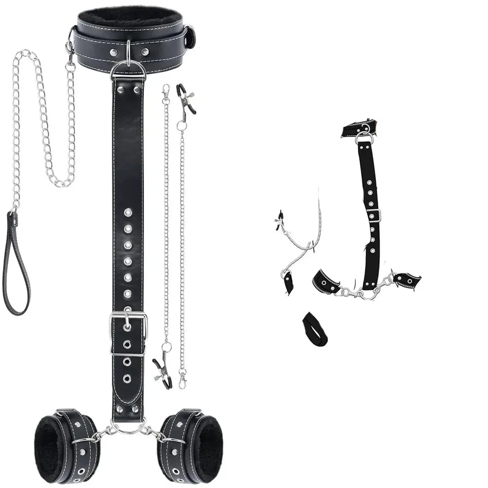 Adjustable Plush Lined PU Leather Wrist Ankle Cuffs BDSM Bondage Restraint Kit Erotic Role Play Toy For Adult Couples view 2