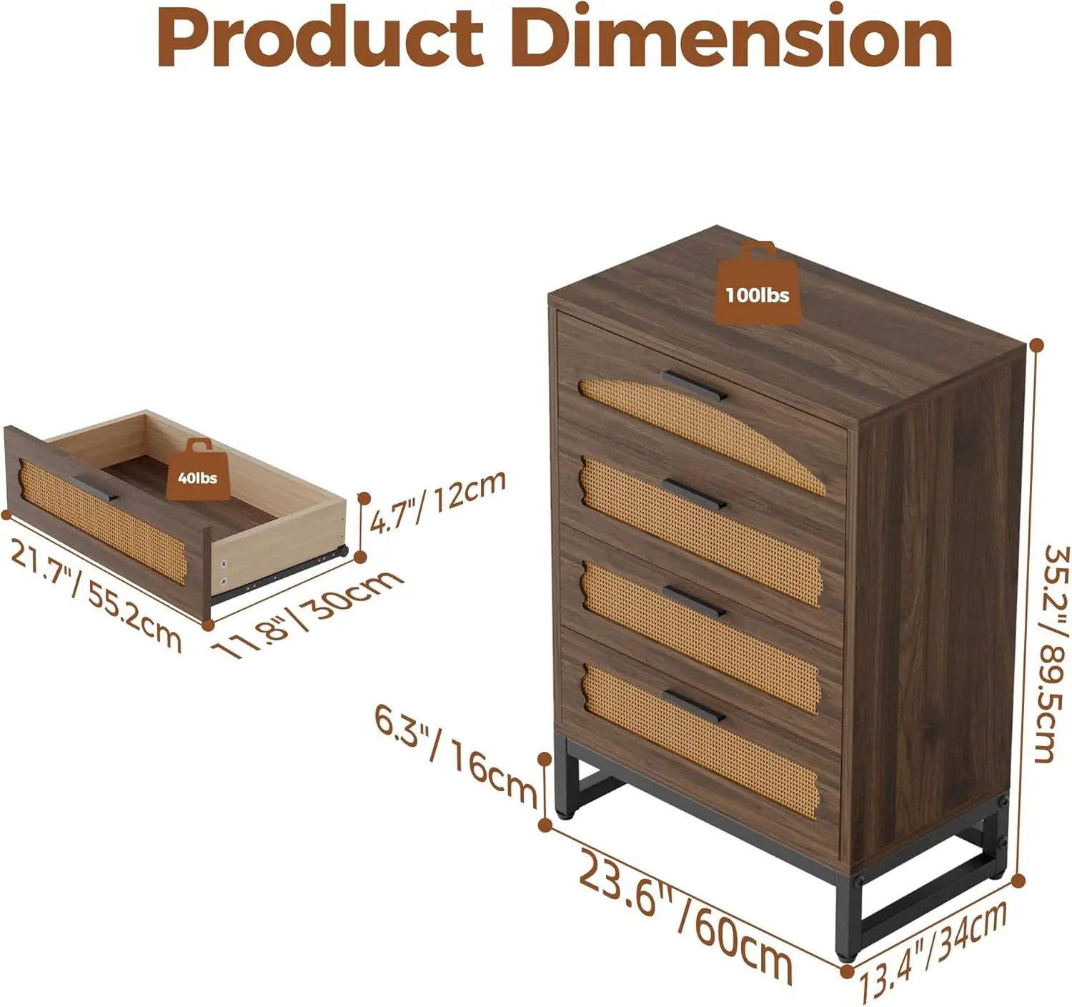 Rustic Brown Dresser Wood 4 Drawer with Metal Handles for Bedroom for Hallway for Entryway for Closet
