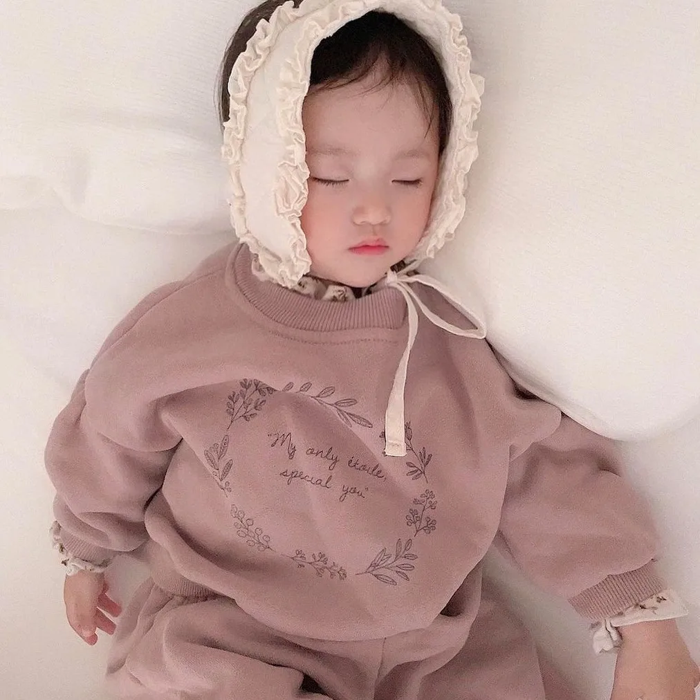 Baby Clothing Set 2023 Korean Style Autumn and Winter Children Fleece Letter Printed Ruffled Collar Girls Casual Sweet Suit