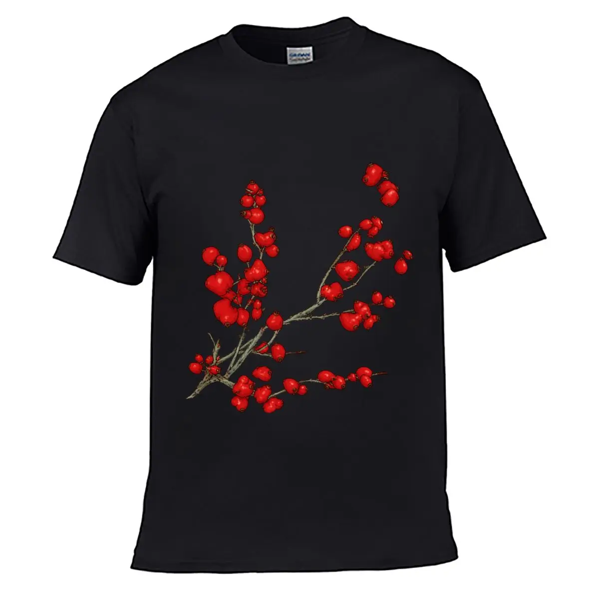 Red Hawthorn Berry Branch Botanical Illustration short-sleeved T-shirt Streetwear Top