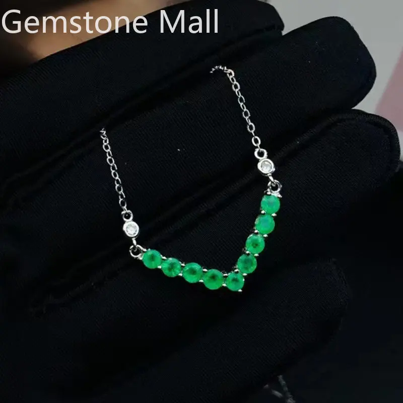 Total 1.4ct Natural Emerald Necklace and Ring Setting for Office Woman 3mm Round Emerald 925 Silver Jewelry