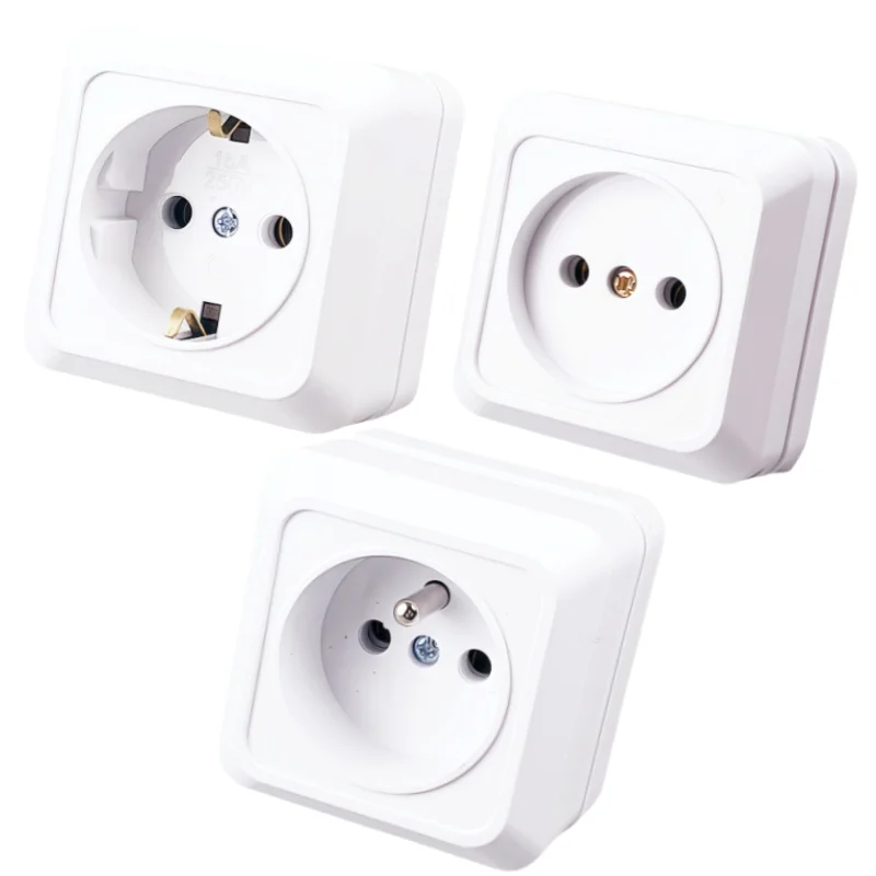 EU Surface Mount Schuko Socket 16A 250V, French Type E / German Type F Wall Power Outlet, Ceramic Base Brass Contact ABS Shell