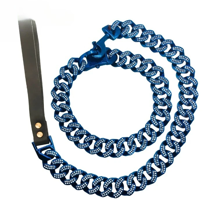 Manufacturer Custom Stainless Steel Chains With Blue Diamond Cuban Chain Blue Metal Dog Collar Leash