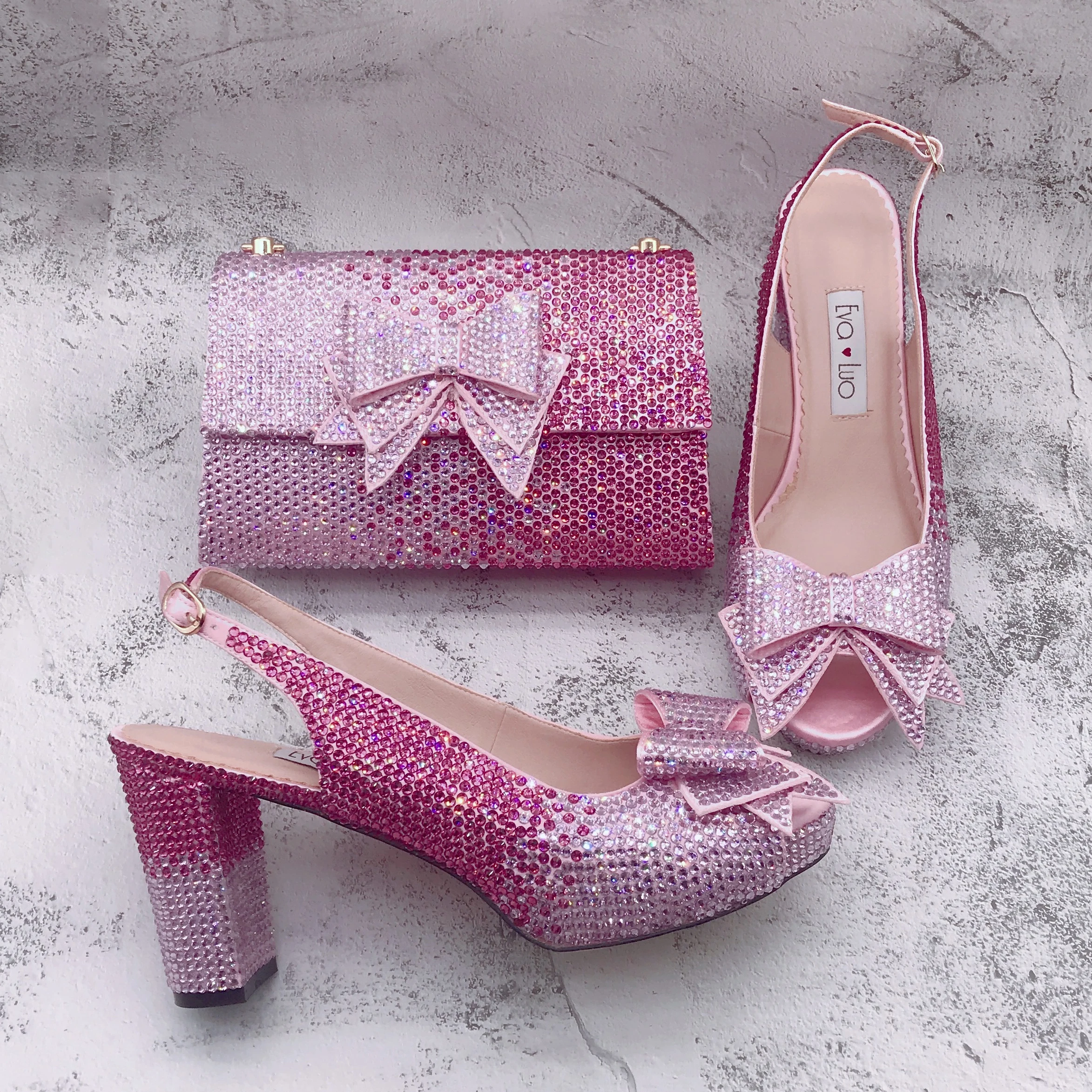 BS1691  Custom Handmade High Heel Women Shoes Dress Pumps  Bridal Wedding Shoes Fuchsia Pink Crystal Shoes With Matching Bag Set