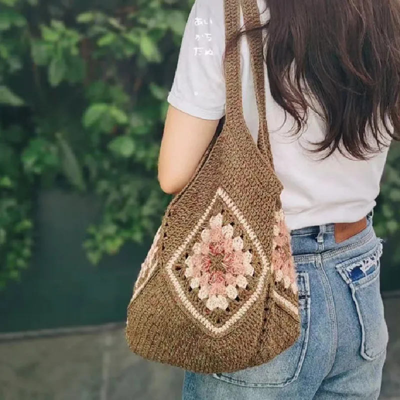 Handmade woven grandmother grid women\'s shoulder bag, casual shopping bag, handbag, simple, fashionable, beautiful, and generous