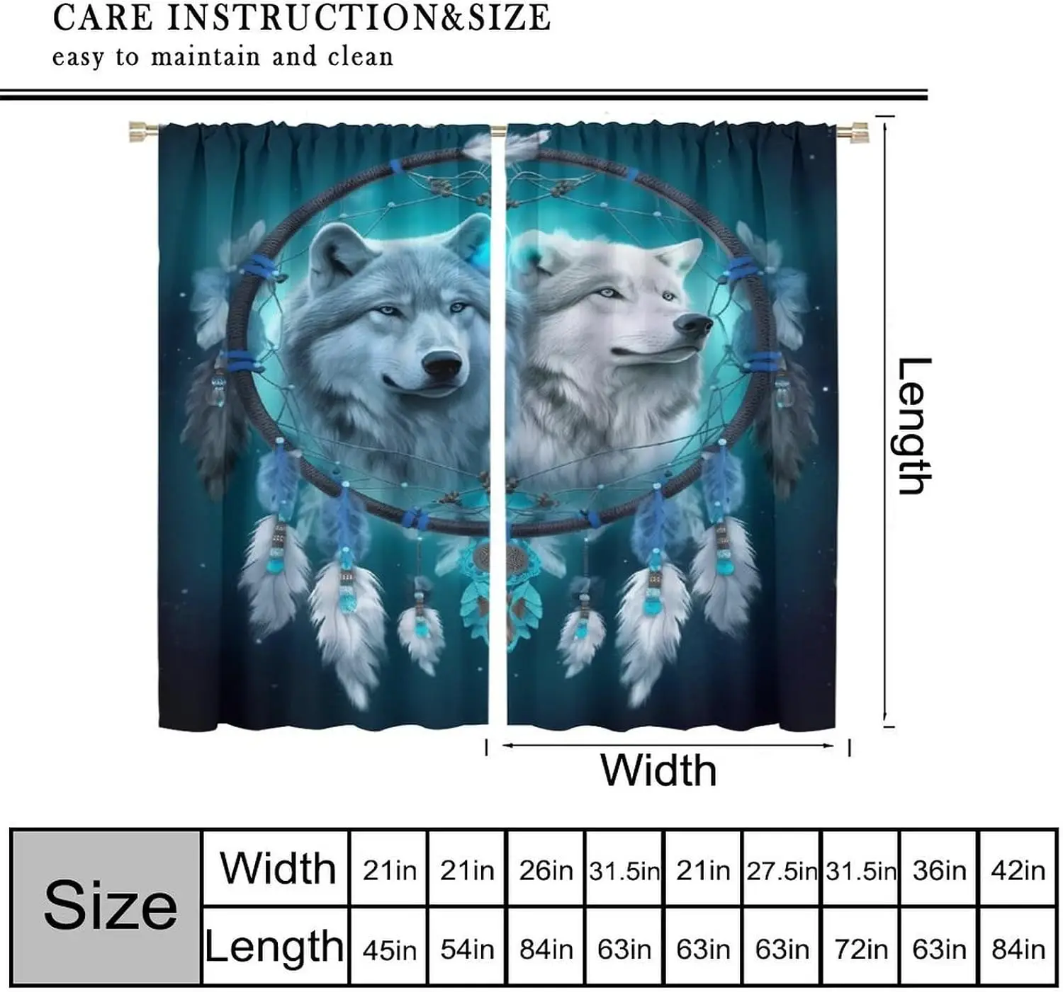 Teal Night Sky Twin Wolf Dreamcatcher Feather Blackout Rod Pocket Curtain Native Tribal Decor Men Homestay Bedroom Rest Bay