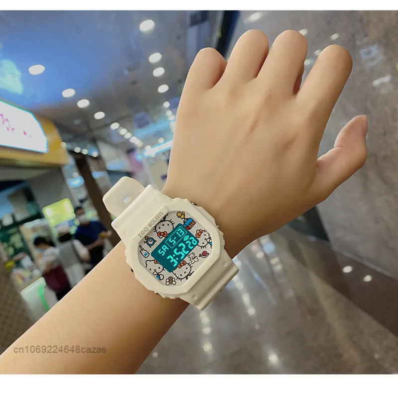 Sanrio Hello Kitty Cute Luminous Electronic Watch Girls Kawaii Chic Couple Square Waterproof Sports Student Watch Y2K Fashion