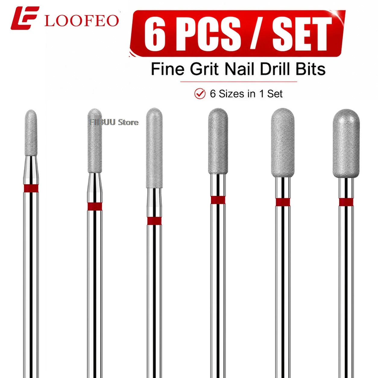 Diamond Nail Drill Bits 6pcs Fine Grit Set 6 Different Size E-File Bits Milling Cutter for Manicure Cuticle Dead Skin Refining