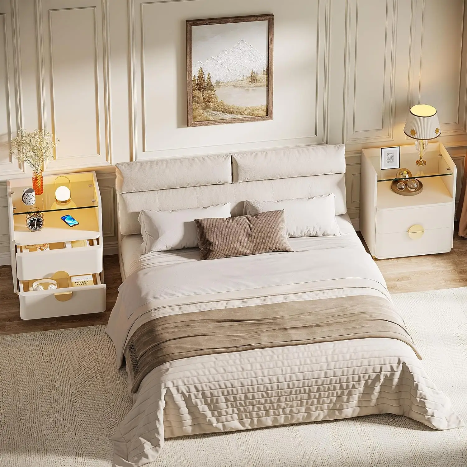 Nightstand with 2 Drawers, Modern Nightstand with Open Storage Shelf, White Bed Side Table for Bedroom, Living Room