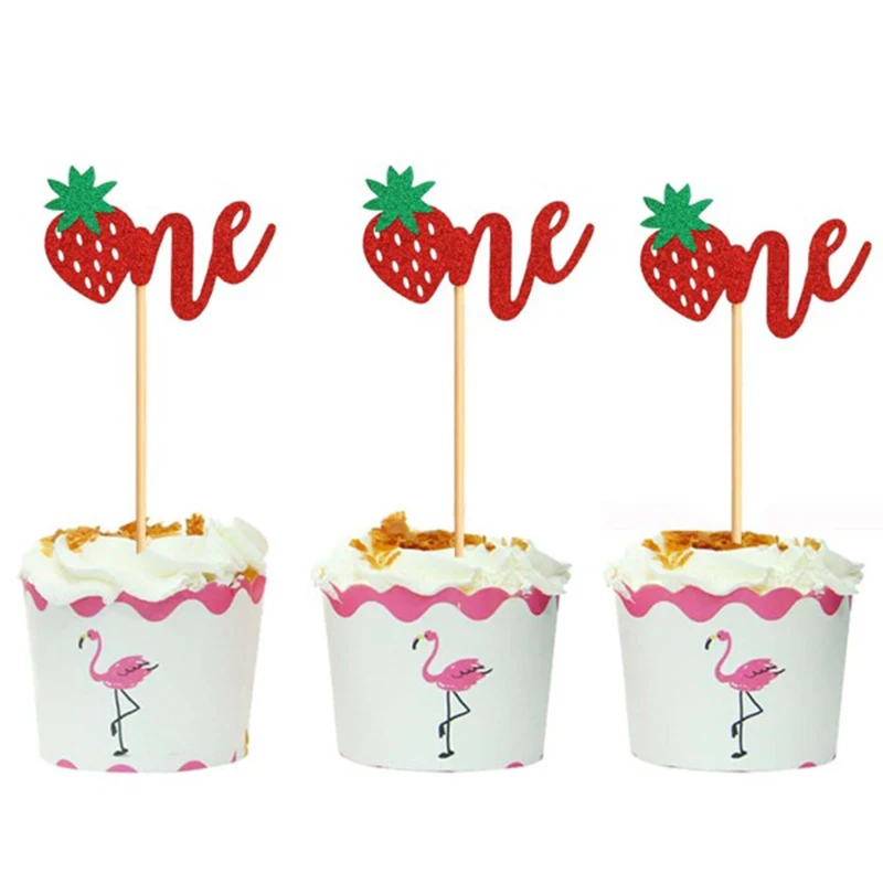 12PCS Strawberry One Cupcake Toppers Glitter Sweet One for Fruit Theme Baby Shower Kids 1st Birthday Party Cake Decorations