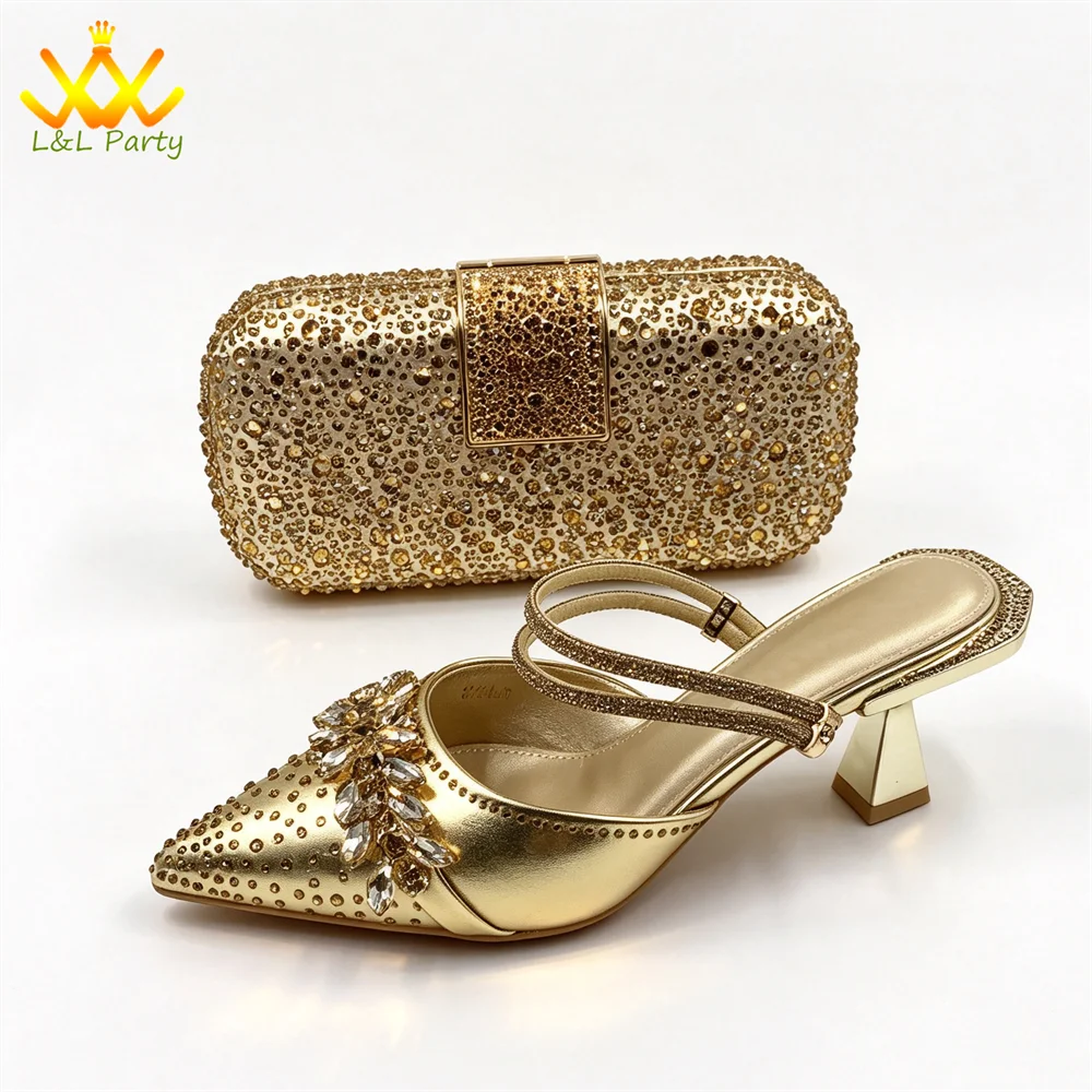 Gold Color New Arrivals Fashion 2026 Autumn Pointed Italian Design Shoes and Bag Set for Wedding Party