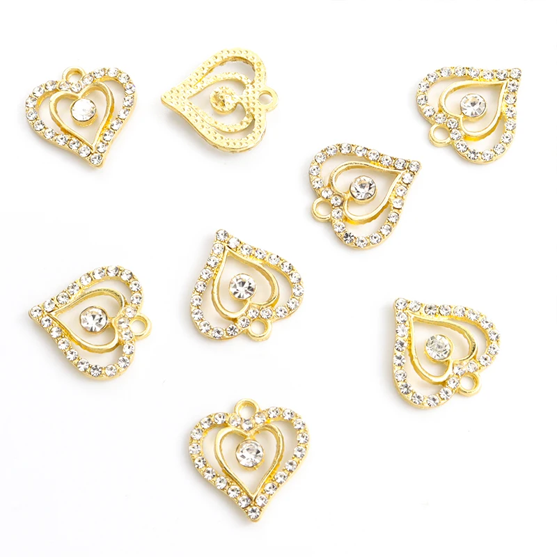 10pcs Crystal Rhinestones Double Heart Hollow Charms Couple Gifts Jewelry Accessories DIY Fashion Necklace Earrings Pendants