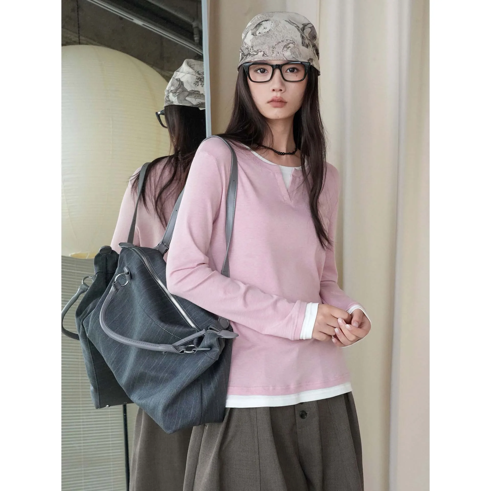 FANAN Korean Simple Women Fake Two Piece Long Sleeve T Shirt Slim Fit Soft Fabric Casual Autumn Daily Layering Basic Tops