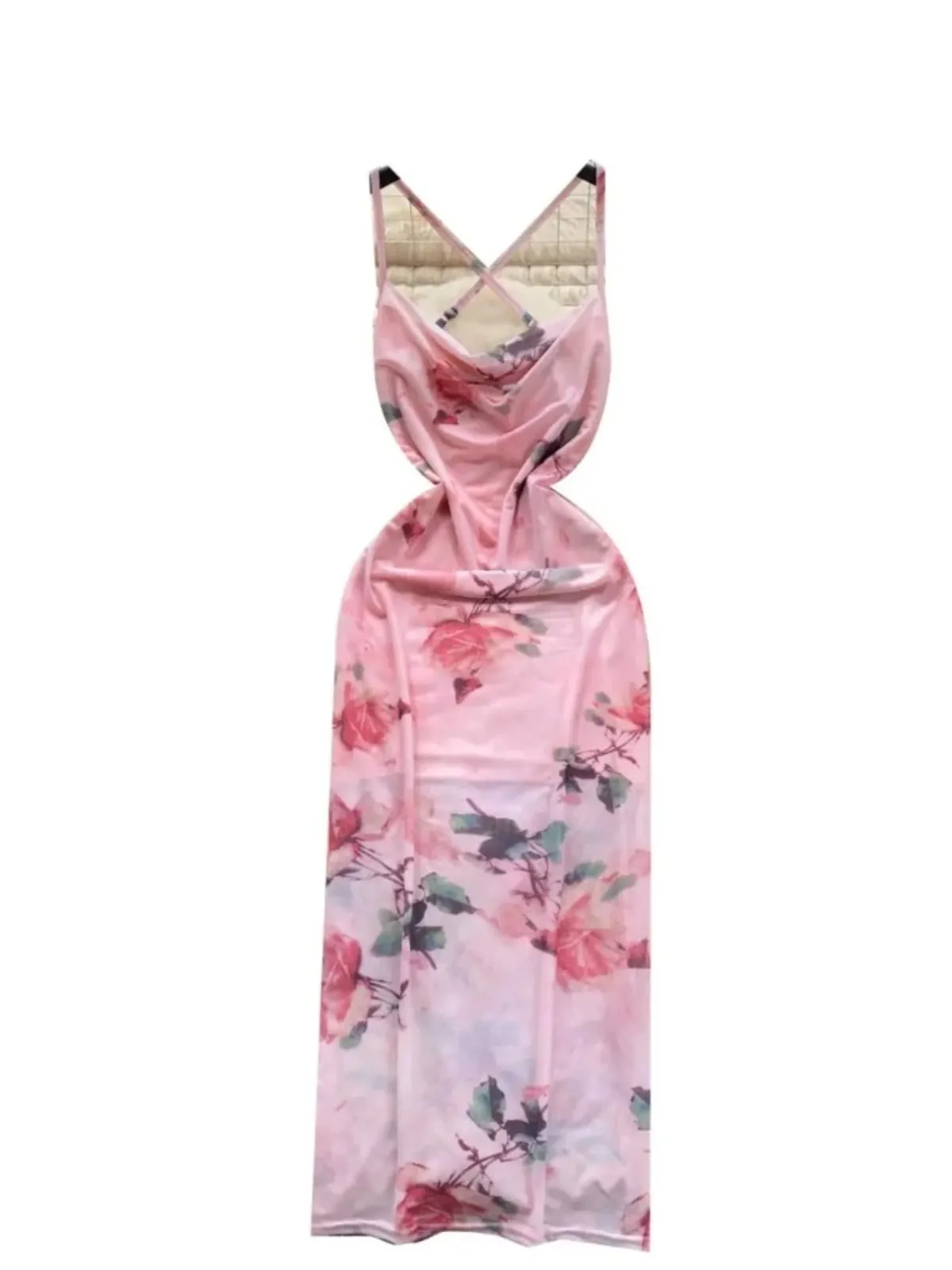 Foamlina 2025 Floral Print Mesh Long Dress Women Spaghetti Strap Hollow Out Ruffled Neck Sleeveless Bodycon Maxi Summer Wear