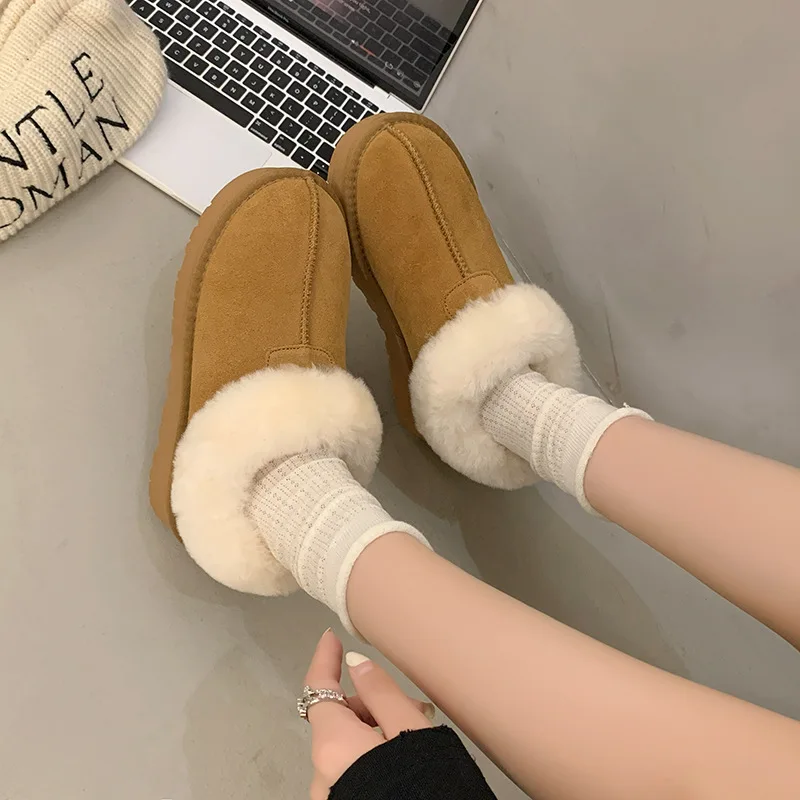 Inverno quente de pelúcia sapatos femininos casuais sola macia apartamentos fundo grosso botas de neve cor sólida zapatos mujer