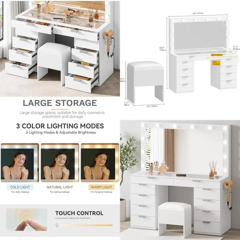 Beleuchteter Schminktisch mit Spiegel, Steckdosen, Hocker, LED-Glühbirnen, verstellbare Beleuchtung, Schubladen, Haartrocknerhalter &
