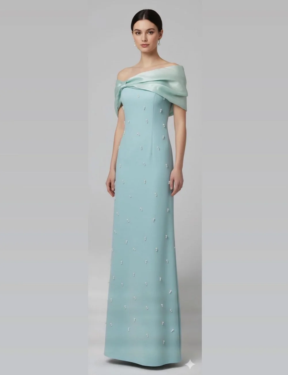 Customized Matching Casual Jersey Pleat Pearl Beading Straight Off-the-shoulder Long Dresses Evening Dresses Exquisite for Woman