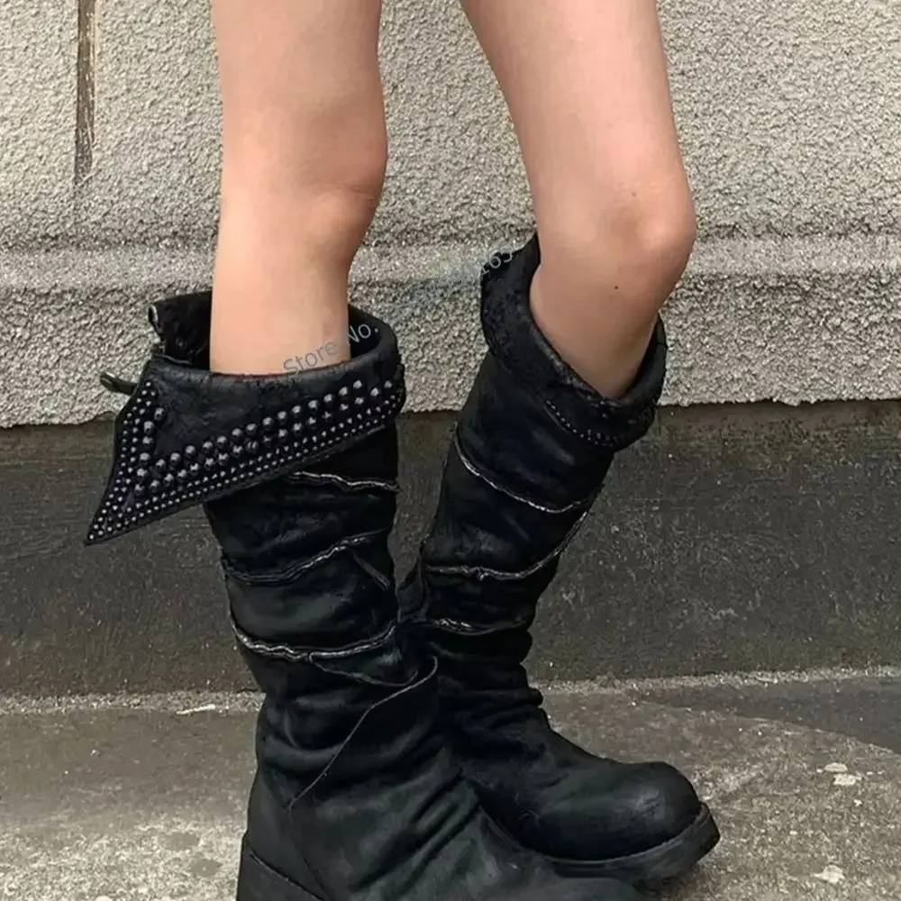 

Solid Rivet Knee High Boots Pleated Round Toe Thick Soled Zipper Turn Up Women's Shoes Black Winter Leisure Modern Boots 2025