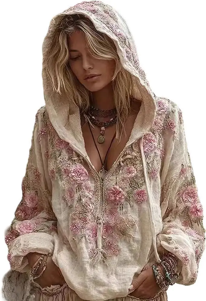 المألوف مقنعين سستة البلوزات المطبوعة المرأة طويلة الأكمام فضفاضة تنوعا الخريف والشتاء البلوز هيربست دامن كليدينغ #6