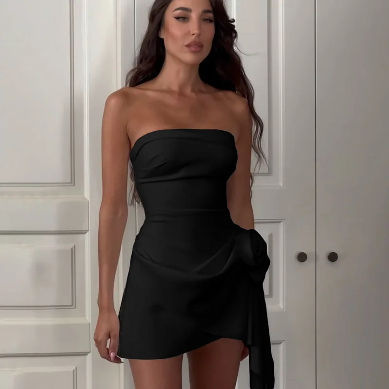 European and American style summer women's fashion temperament flower decoration solid color backless strapless dress for women