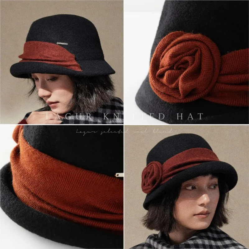 Elegant three-dimensional rose fisherman's hat with rolled-up edges and Japanese flowers for women