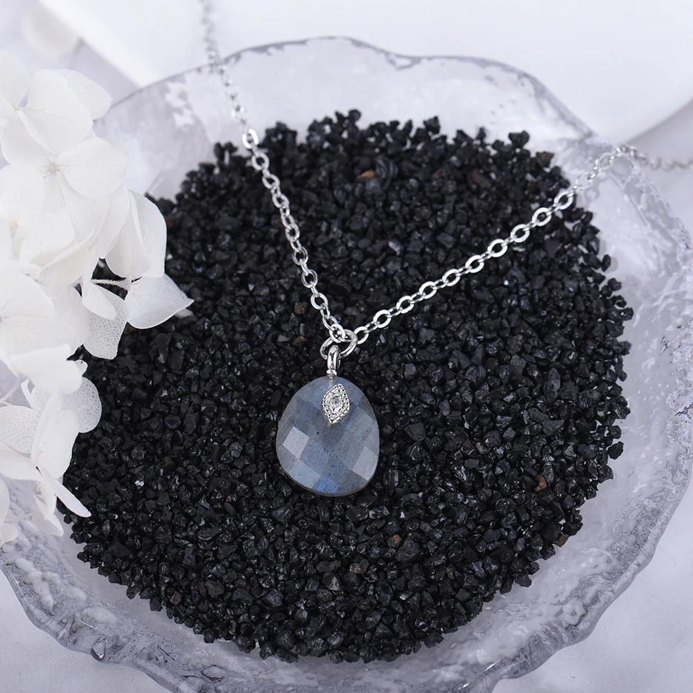 ITSMOS Natural Labradorite Amazonite Pendant Necklace Simple Waterdrop Stone Chain Elegant Jewelry for Women Romatic Gift