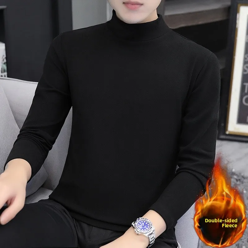 الرجال Thiened طويل Sve قاعدة irt لون نقي الخريف الشتاء f عالية طوق الوجهين المخملية سليم صالح ملابس داخلية تي شيرت