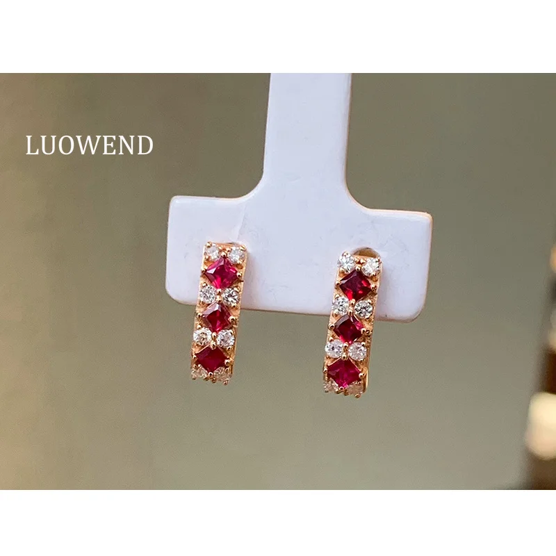 

LUOWEND 100% 18K Rose Gold Earrings Elegant Shiny Style Luxury Diamond Natural Ruby Hoop Earrings for Women High Wedding Jewelry