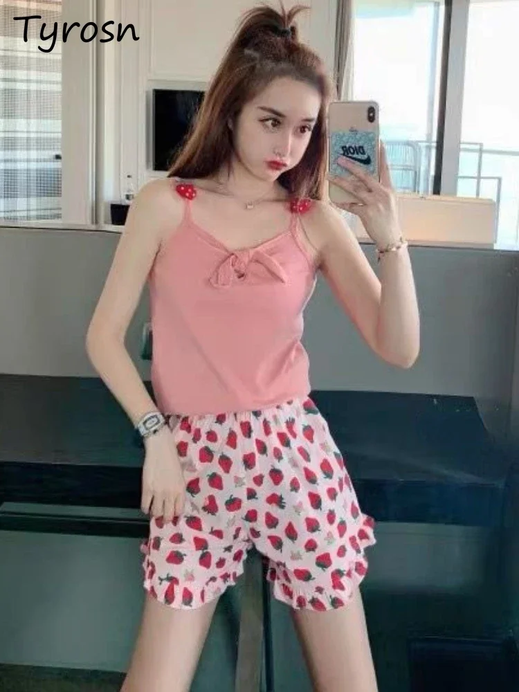 

Pajama Sets Women Summer Design Sleeveless All-match Simple Sweet Daily Lounge Wear Students Ruffles Home Korean Style Leisure