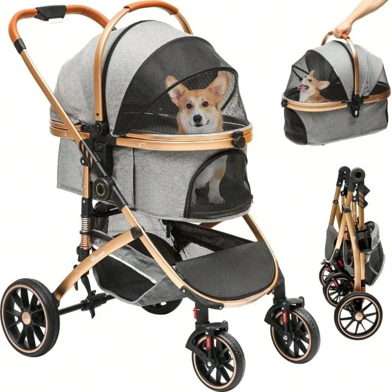 Folding dog stroller, small medium cat stroller with detachable carrier, car seat, parasol, waterproof all-terrain cat stroller