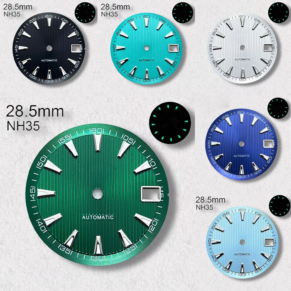 

High quality 28.5mm S logo dial, suitable for NH35/NH36/4R/7S automatic movement green glowing vertical grain dial watch modific