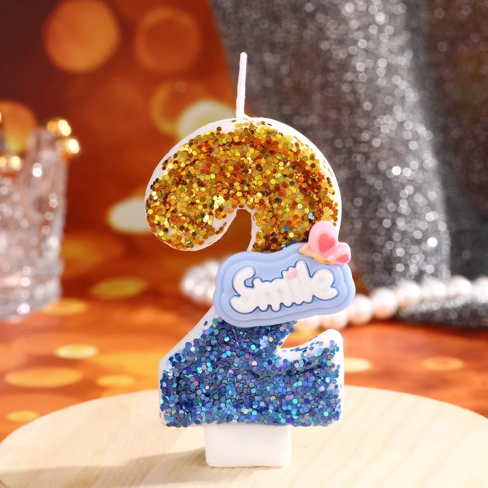 Smlle Blue Gold Sequined Digital Birthday Candles Cartoon Little Boy Birthday Candles Dessert Cake Atmosphere Decoration Plug-in