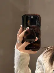 INS Hot Maillard Leopard Print Bracket Phone Case For iPhone 15 14 13 12 11 Pro Max 2024 New Soft Cover Friend Gift Brown Shell