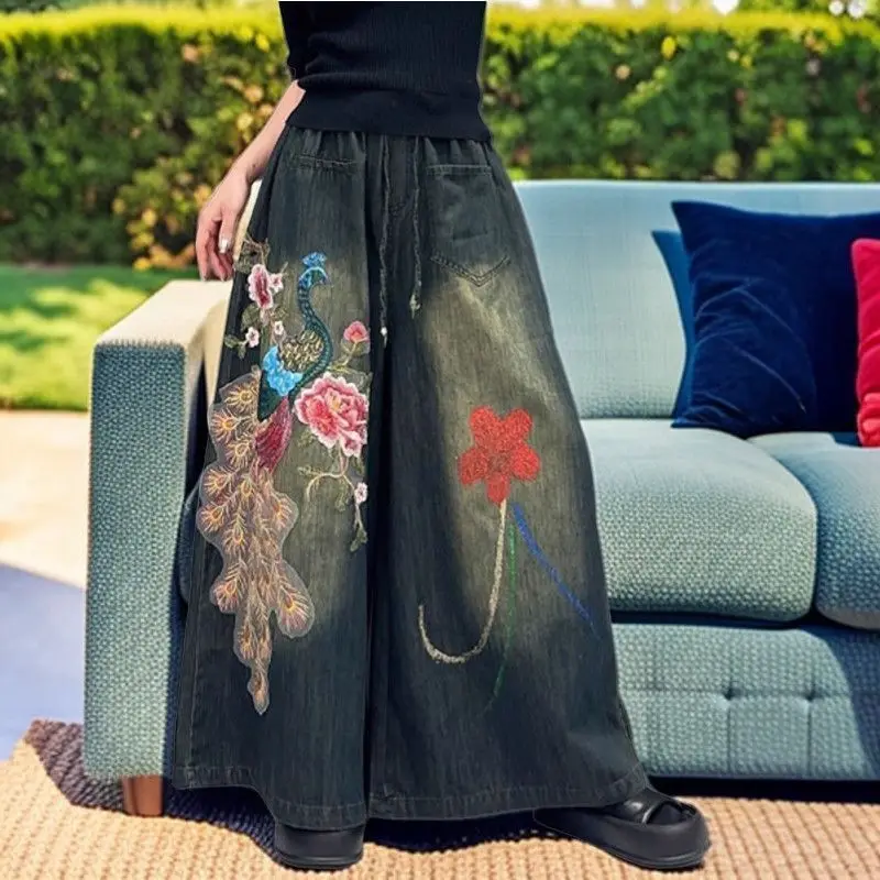 Vintage Y2K Embroidered Floral Washed Denim Blue Wide Leg Pants Women Spring Lace Up Loose Straight Floor Length Streetwear Jean