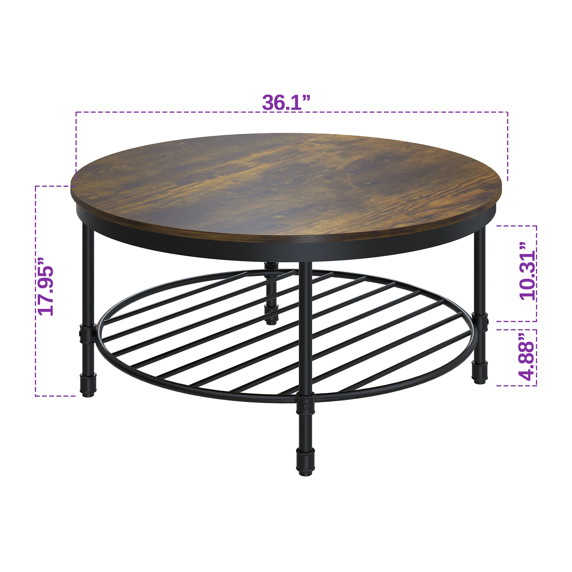 2-Tier Round Coffee Table, Industrial Coffee Table for Living Room, Wooden Rustic Accent Table with Open Shelf Storage, Brown