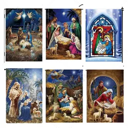 Jesus Scene Garden Flag Religious Christmas Garden Flag 12x18 Inch Double Sided Farmhouse Yard Flag Christmas Winter Outdoor