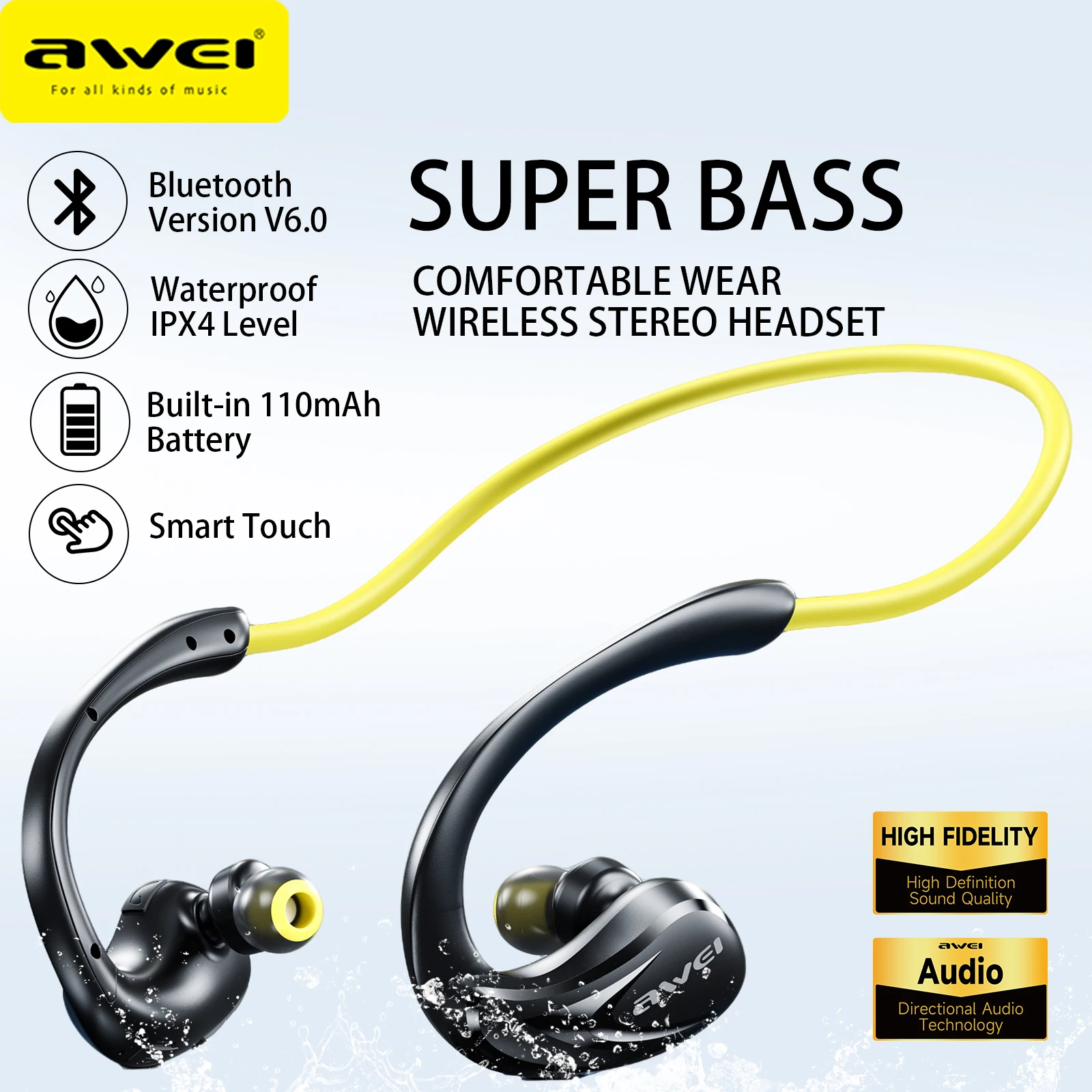 سماعات رأس بلوتوث Awei A880Pro بشريط حول الرقبة، بلوتوث 6.0، IPX4 مقاومة للماء، شحن سريع من النوع C، وقت تشغيل 20 ساعة، شحن IC Protec